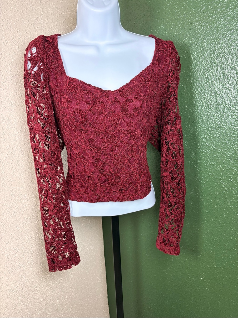 Anthropologie Wine Red Lace Long Sleeve Top